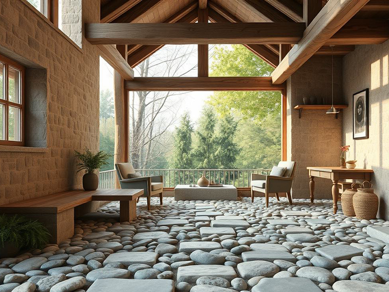 Интерьер с полом из гальки